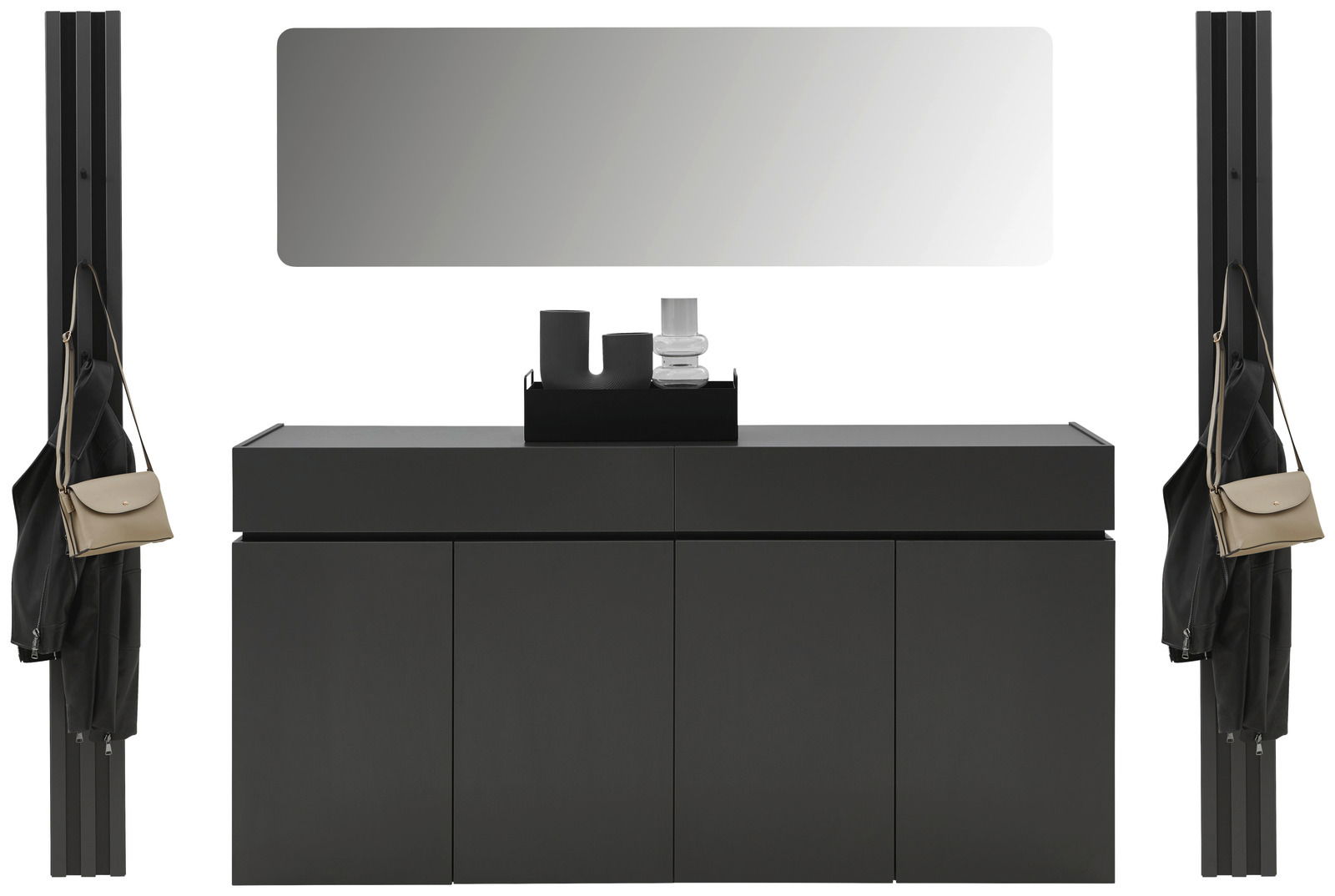 Garderoben-Set in Graphit mit Spiegel, Schrank und Haken, frontal betrachtet.