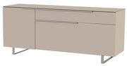 Modernes TV-Lowboard in Beige mit zwei Schubladen und einem Schrank, seitliche Perspektive