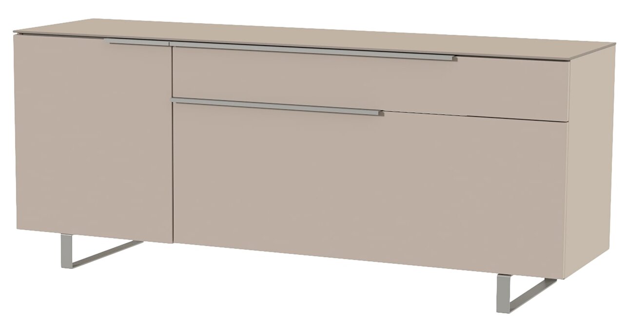 Modernes TV-Lowboard in Beige mit zwei Schubladen und einem Schrank, seitliche Perspektive