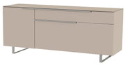 Modernes TV-Lowboard in Beige mit zwei Schubladen und einem Schrank, seitliche Perspektive
