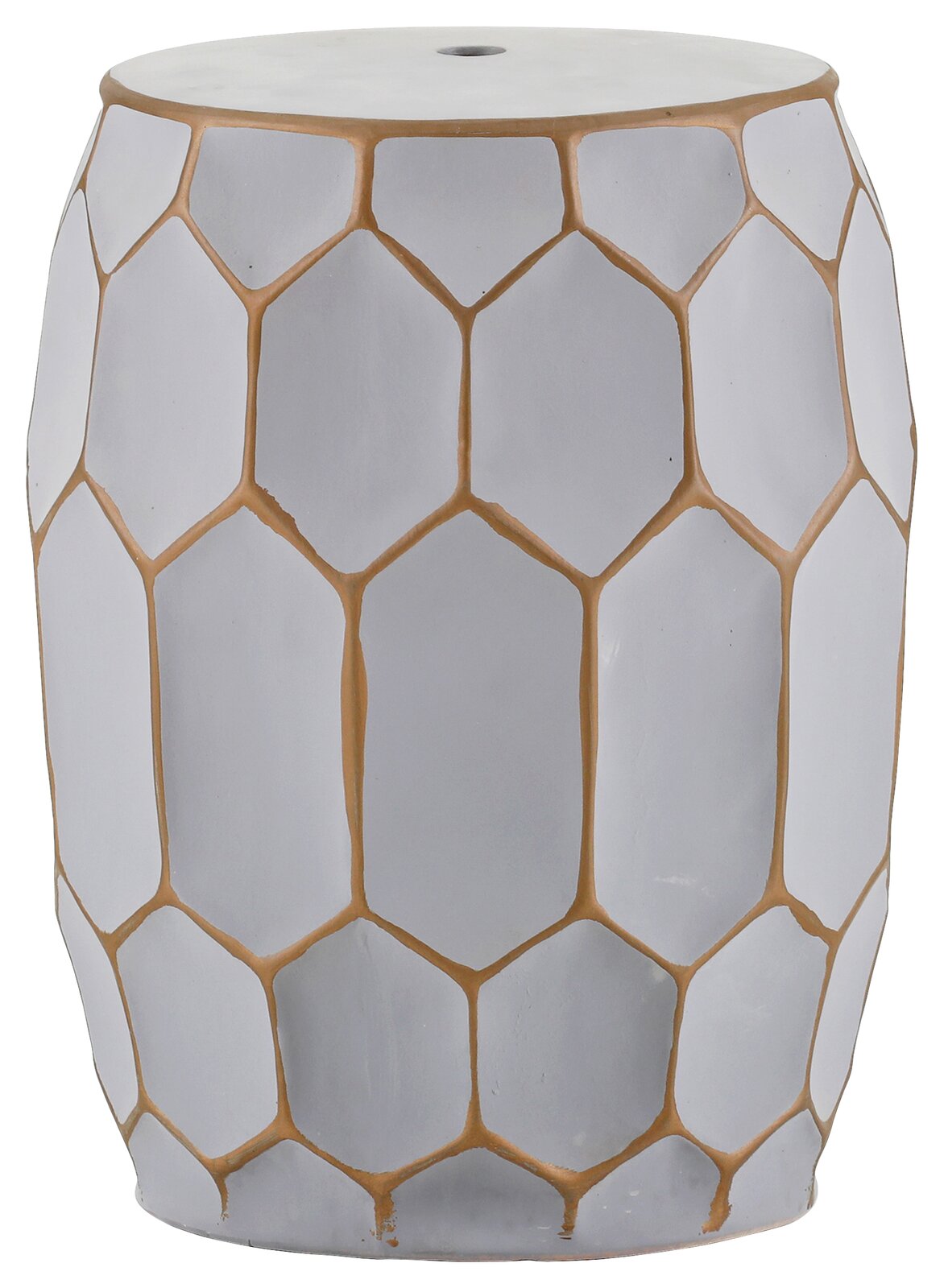 Weißer Keramik-Hocker oder Beistelltisch mit goldfarbenem Wabenmuster und Loch in der Sitzfläche, frontal aus leicht erhöhter Perspektive freigestellt