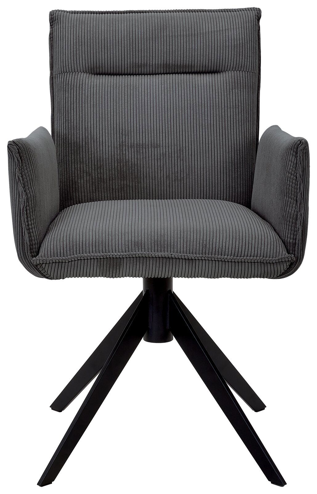 Grauer Armlehnstuhl mit geripptem Stoffbezug und schwarzem Metallgestell, Frontalansicht