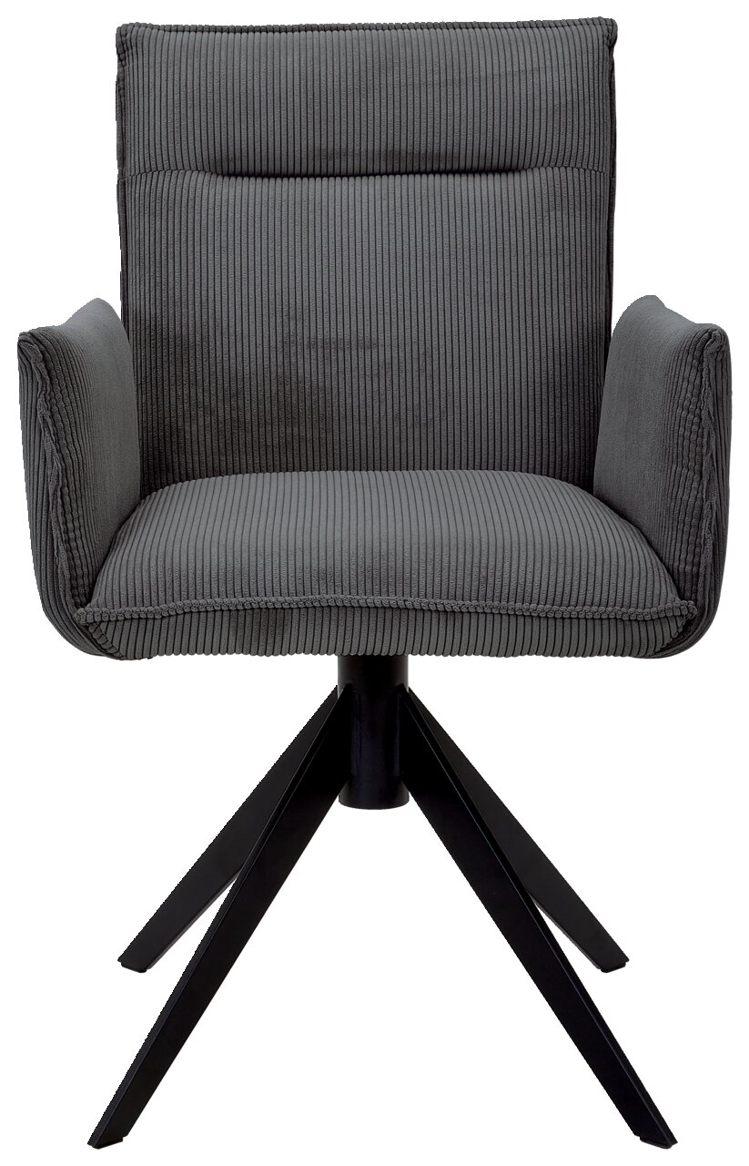 Grauer Armlehnstuhl mit geripptem Stoffbezug und schwarzem Metallgestell, Frontalansicht