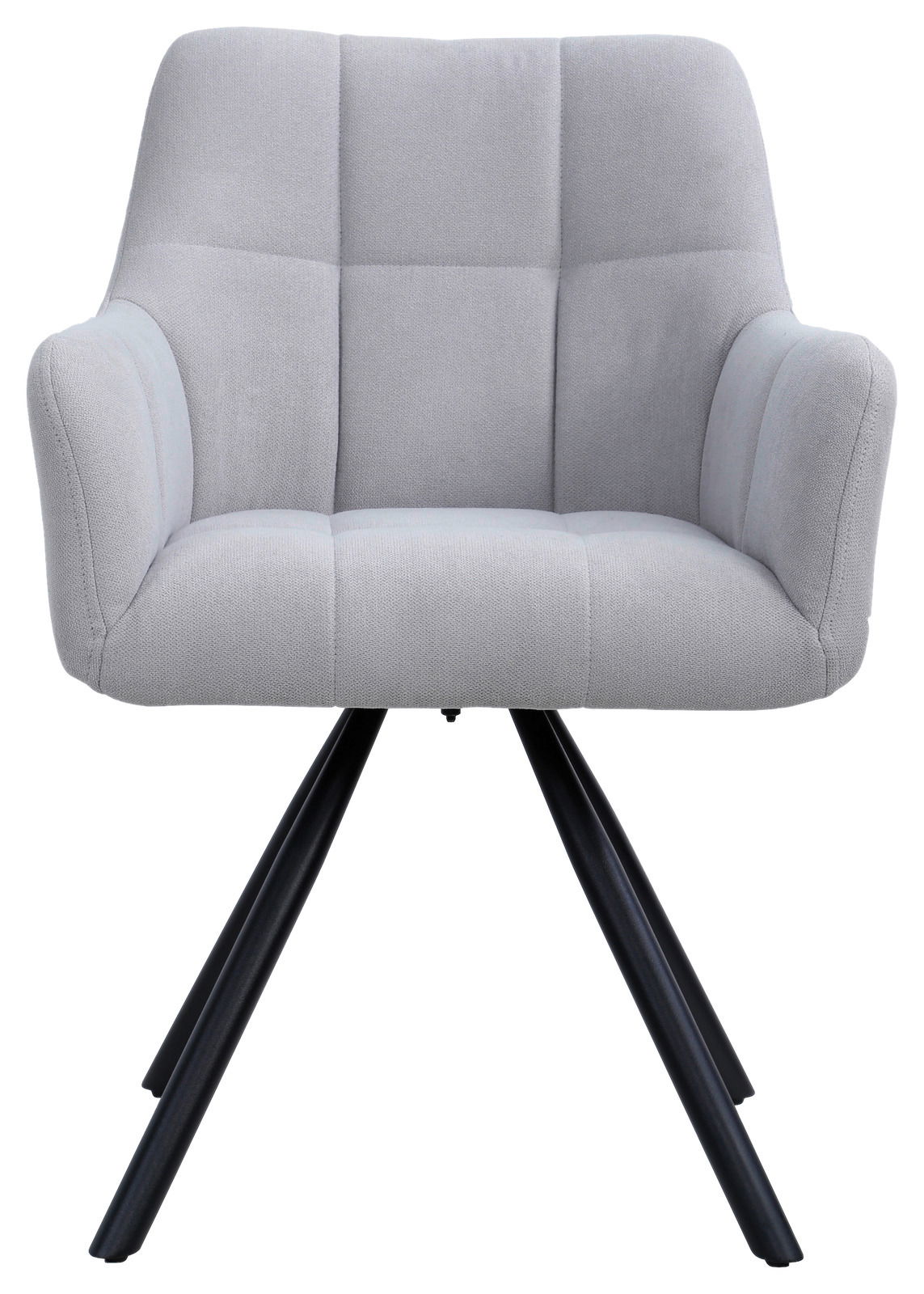 Grauer Armlehnstuhl mit gepolstertem Sitz und Rückenlehne, schwarzem Metallgestell, Frontalansicht