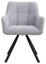 Grauer Armlehnstuhl mit gepolstertem Sitz und Rückenlehne, schwarzem Metallgestell, Frontalansicht