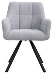 Grauer Armlehnstuhl mit gepolstertem Sitz und Rückenlehne, schwarzem Metallgestell, Frontalansicht