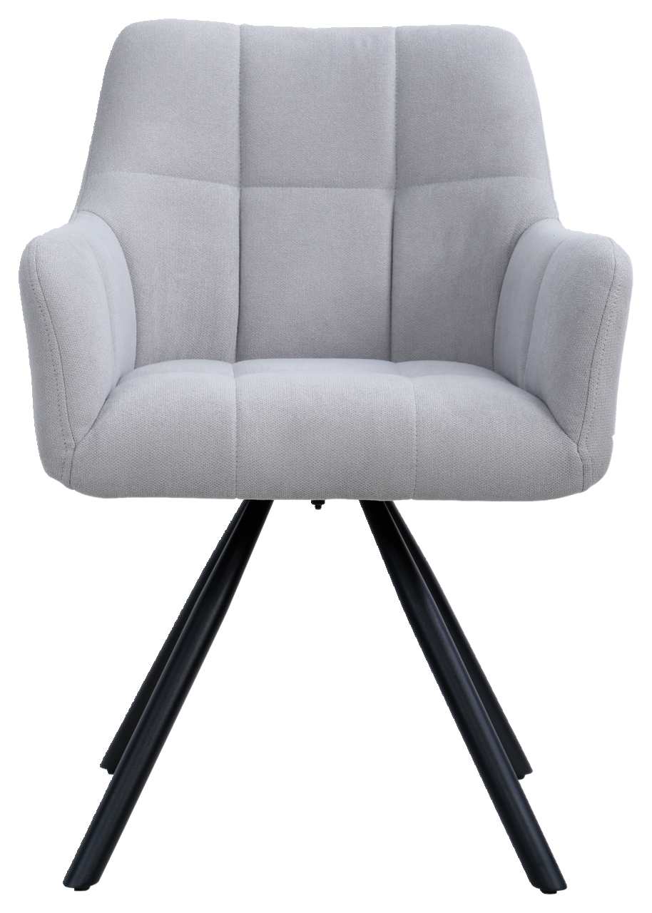 Grauer Armlehnstuhl mit gepolstertem Sitz und Rückenlehne, schwarzem Metallgestell, Frontalansicht