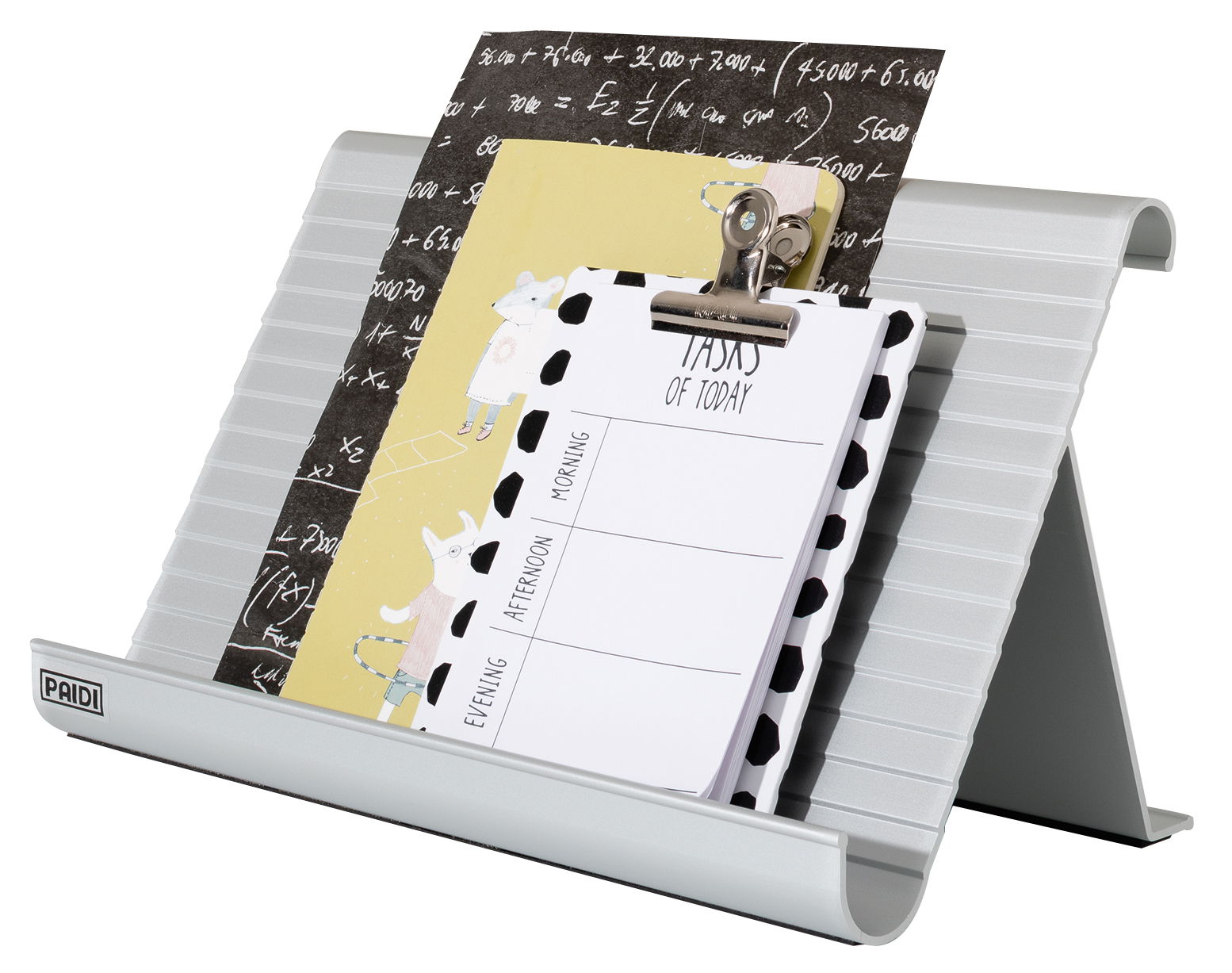 Silberne Buchstütze in A-Form mit mehreren Dokumenten, darunter ein Notizblock mit Klemmbrett, aus seitlicher Perspektive.