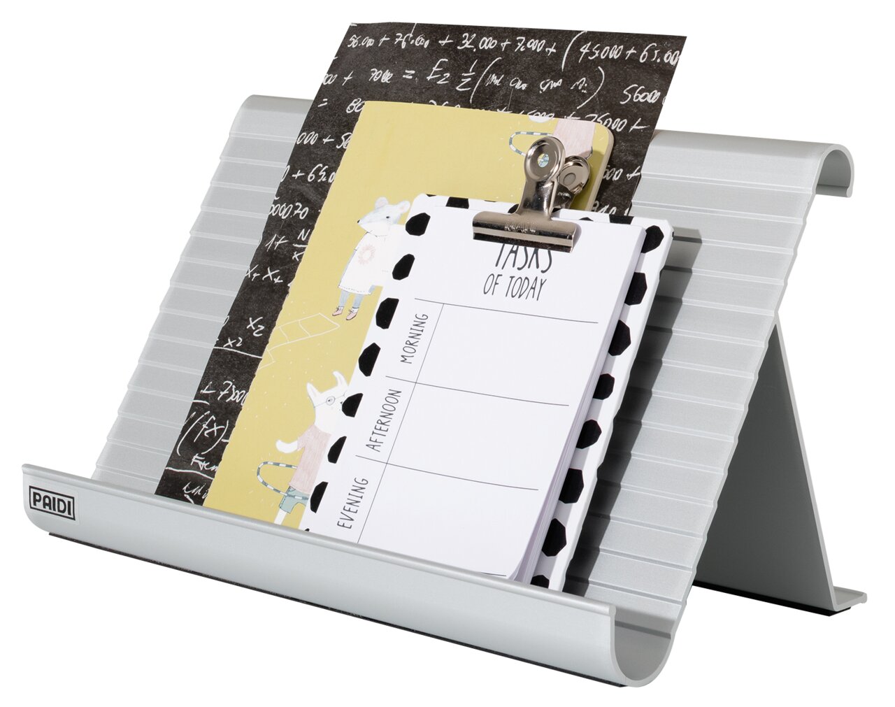 Silberne Buchstütze in A-Form mit mehreren Dokumenten, darunter ein Notizblock mit Klemmbrett, aus seitlicher Perspektive.