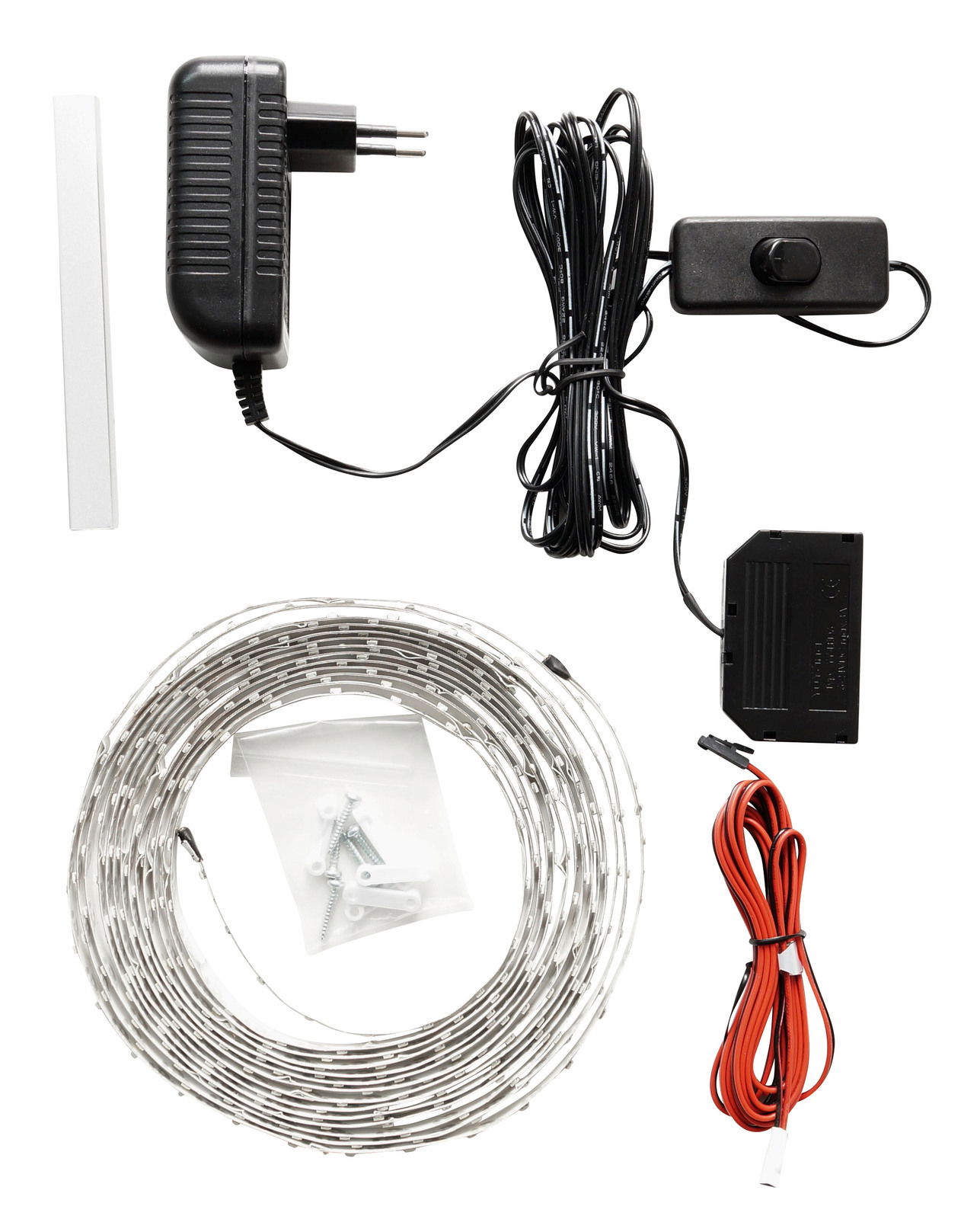 Zurbrüggen LED-Beleuchtung AREZZO LED-Beleuchtungsset mit Netzteil, Steuerungseinheit, LED-Streifen und Montagematerial, von oben betrachtet.