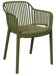 Grüner Stapelsessel mit Armlehnen und Sitzkissen, seitliche Perspektive