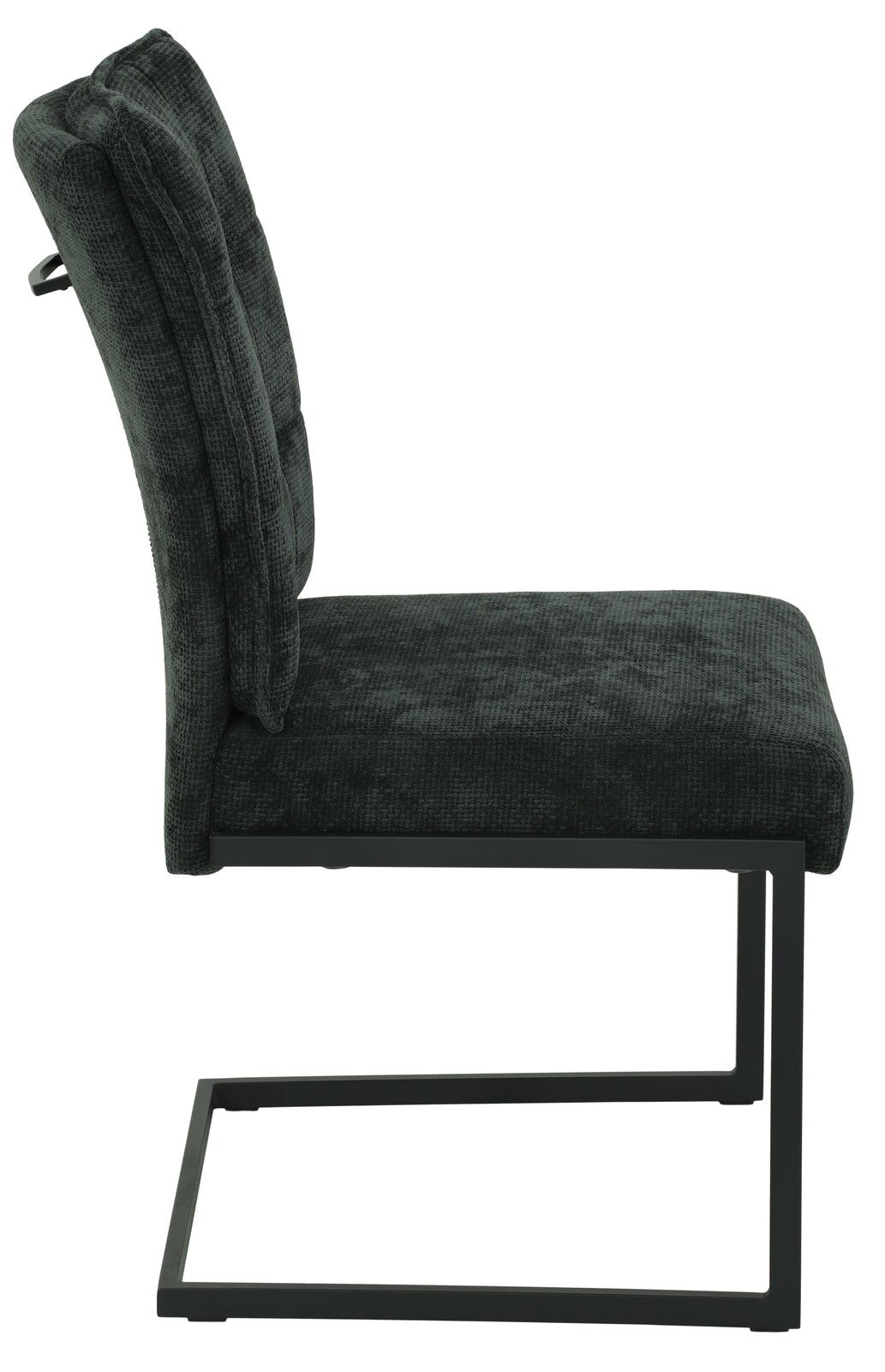 Seitenansicht eines modernen Schwingstuhls OLIVIA mit schwarzem Stoffbezug und Metallgestell.