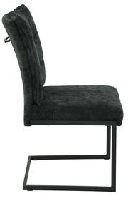 Seitenansicht eines modernen Schwingstuhls OLIVIA mit schwarzem Stoffbezug und Metallgestell.