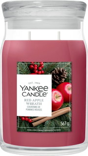 Yankee Candle Red Apple Wreath Duftkerze mit zwei Dochten, rotem Wachs und Glasdeckel in frontaler Produktansicht