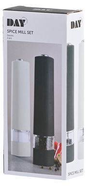 Verpackung eines elektrischen Gewürzmühlen-Sets mit zwei Mühlen in Schwarz und Weiß, Vorderansicht.