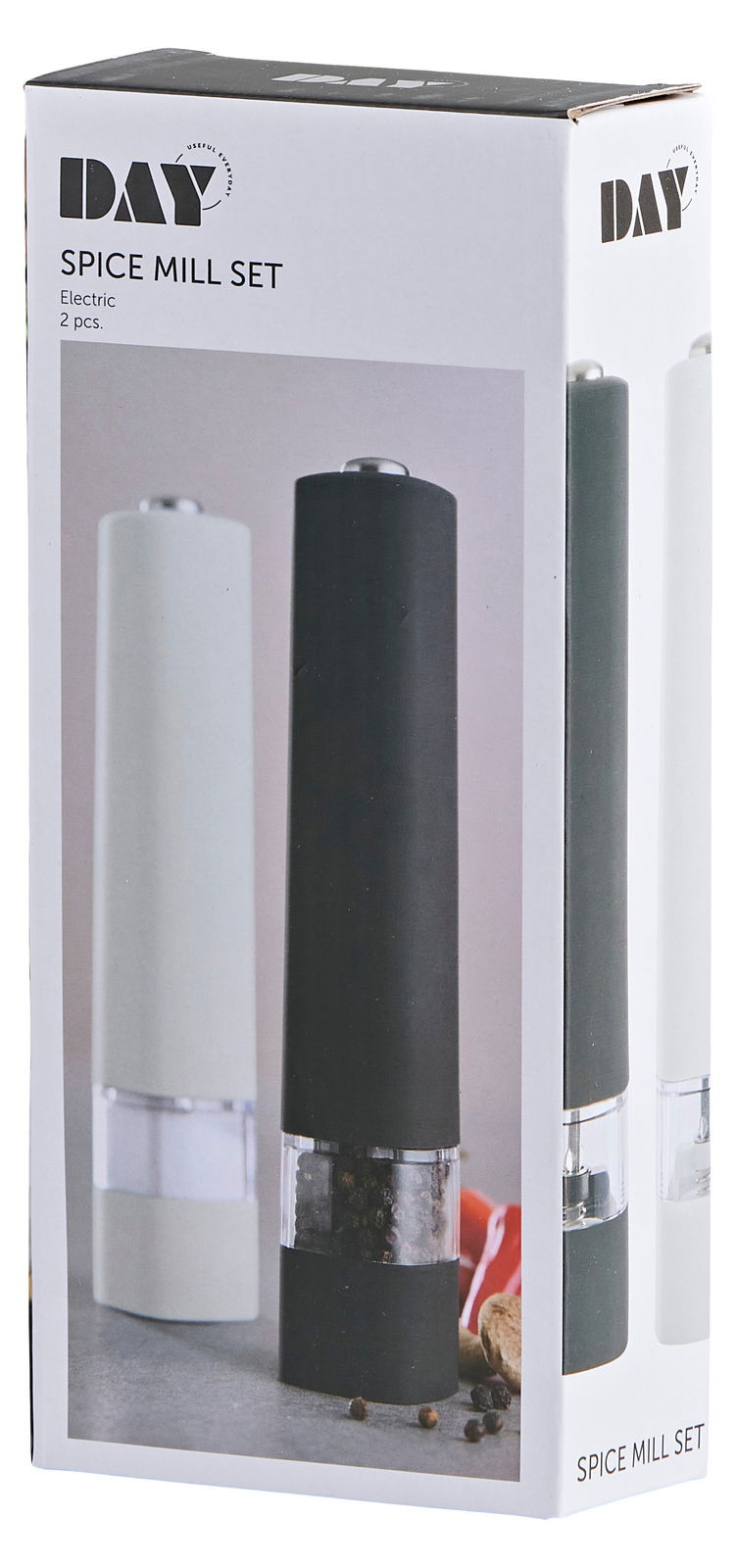 Verpackung eines elektrischen Gewürzmühlen-Sets mit zwei Mühlen in Schwarz und Weiß, Vorderansicht.