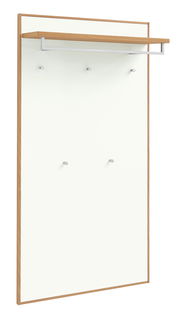 XL-Garderobenpaneel in Holzoptik mit weißer Front, mehreren Haken und einer Ablage, seitliche Perspektive