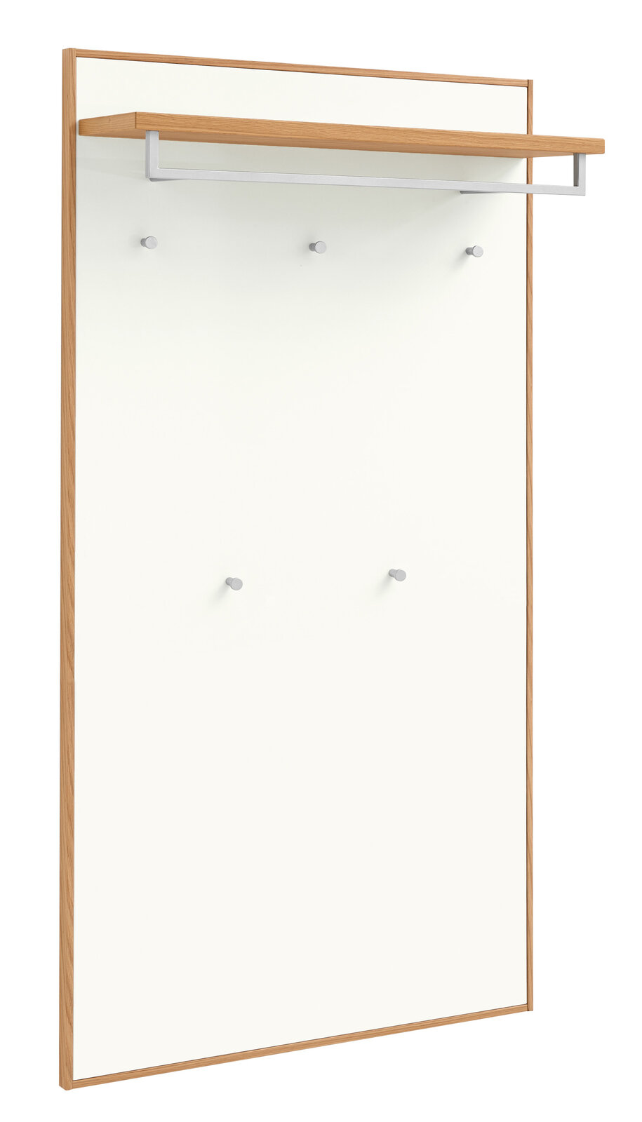 VOSS XL-Garderobenpaneel lang V100 XL-Garderobenpaneel in Holzoptik mit weißer Front, mehreren Haken und einer Ablage, seitliche Perspektive