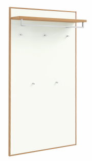 XL-garderobepaneel in houtlook met witte voorkant, meerdere haken en een legplank, zijaanzicht