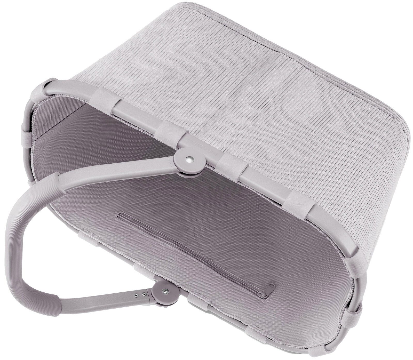 Grauer Einkaufskorb aus Stoff mit stabilen Griffen, von oben betrachtet.