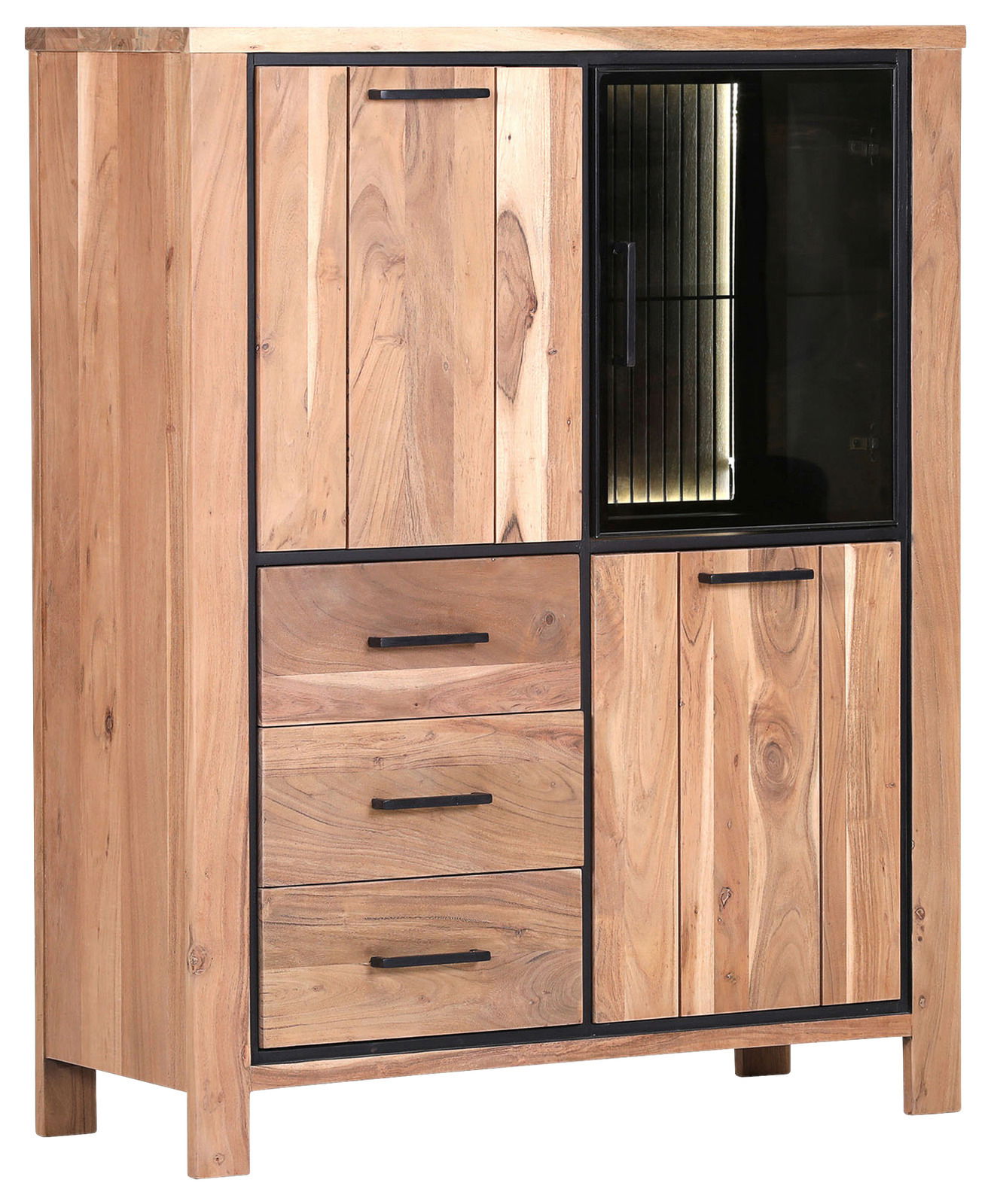 Hochwertiges Highboard aus Holz mit schwarzem Metallrahmen, drei Schubladen und einer Glastür, seitliche Perspektive
