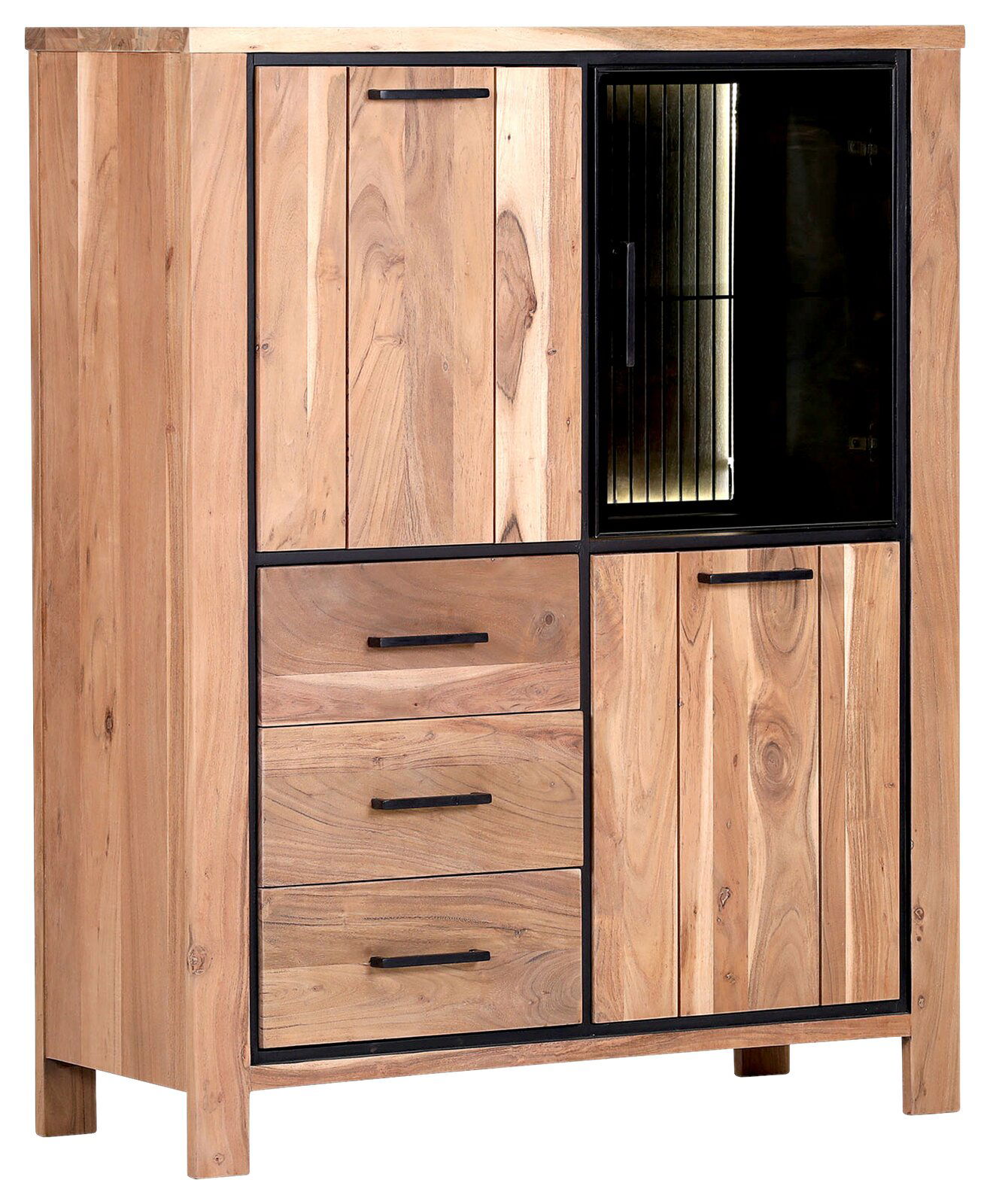 Hochwertiges Highboard aus Holz mit schwarzem Metallrahmen, drei Schubladen und einer Glastür, seitliche Perspektive