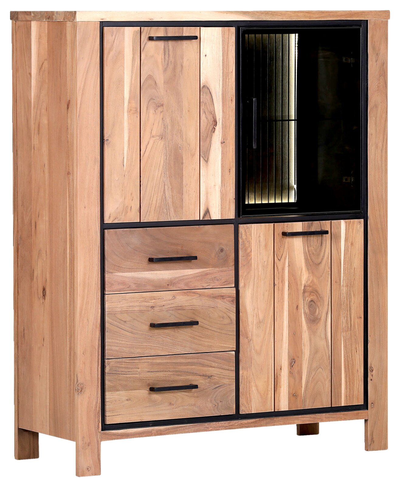 Hochwertiges Highboard aus Holz mit schwarzem Metallrahmen, drei Schubladen und einer Glastür, seitliche Perspektive