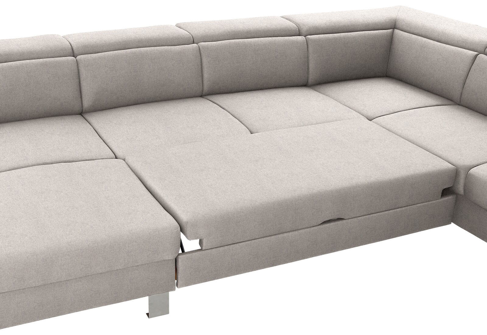 Graues Ecksofa mit ausziehbarer Liegefläche, Perspektive von oben.