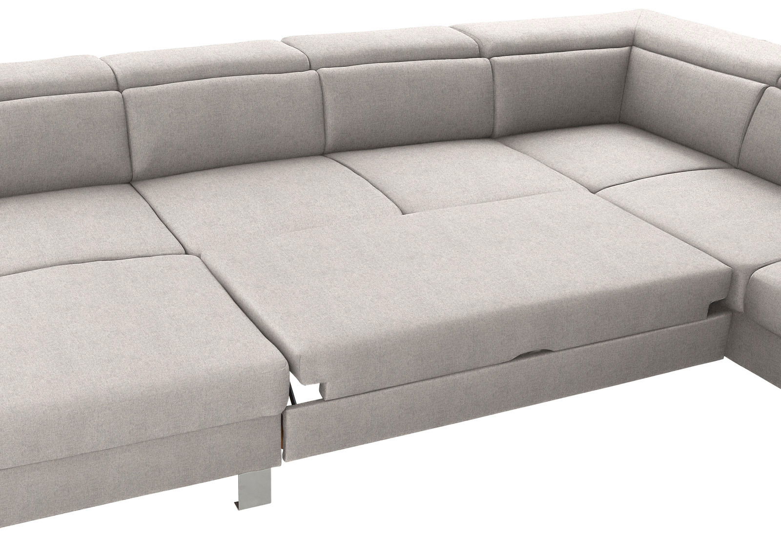 Graues Ecksofa mit ausziehbarer Liegefläche, Perspektive von oben.