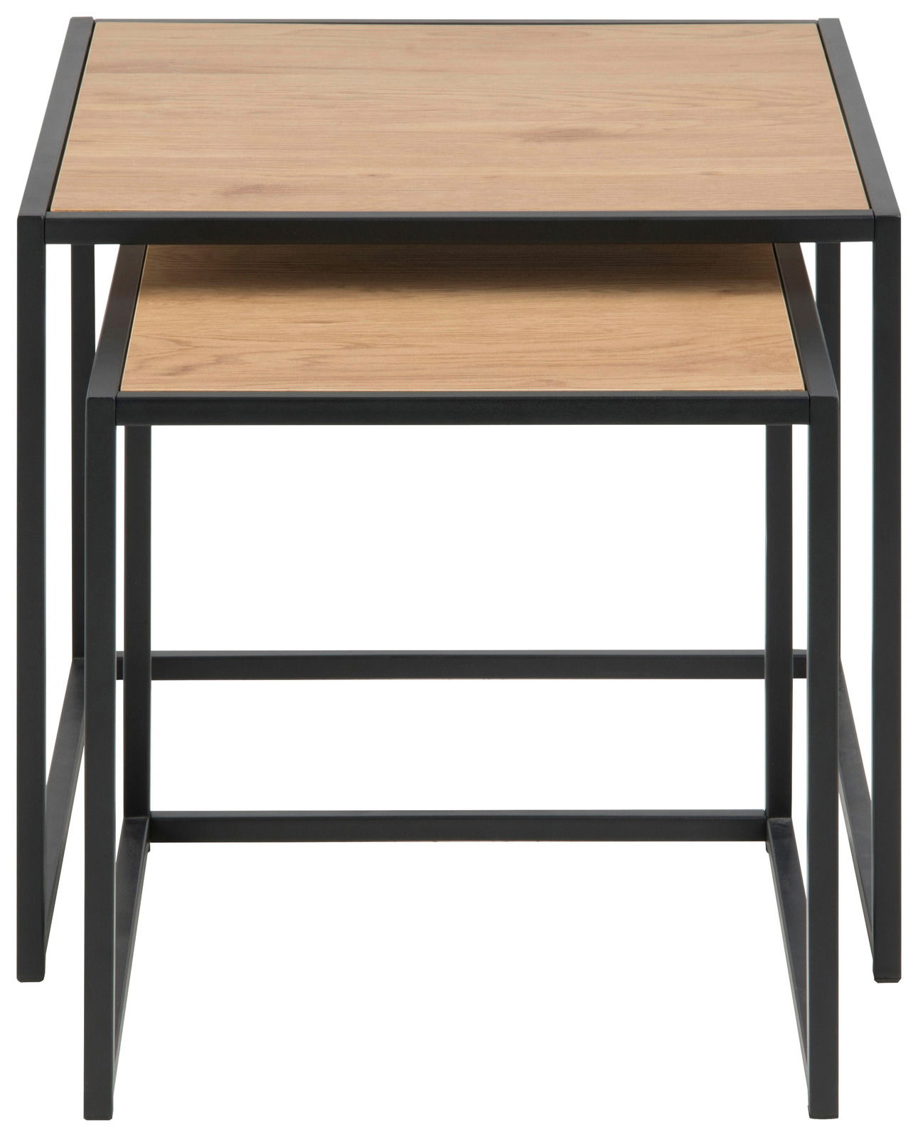 Z2 Beistelltisch 2er Satz SEAFORD Zwei Beistelltische im Set, übereinander gestapelt, mit Holzoberfläche und schwarzem Metallrahmen, Frontalansicht.