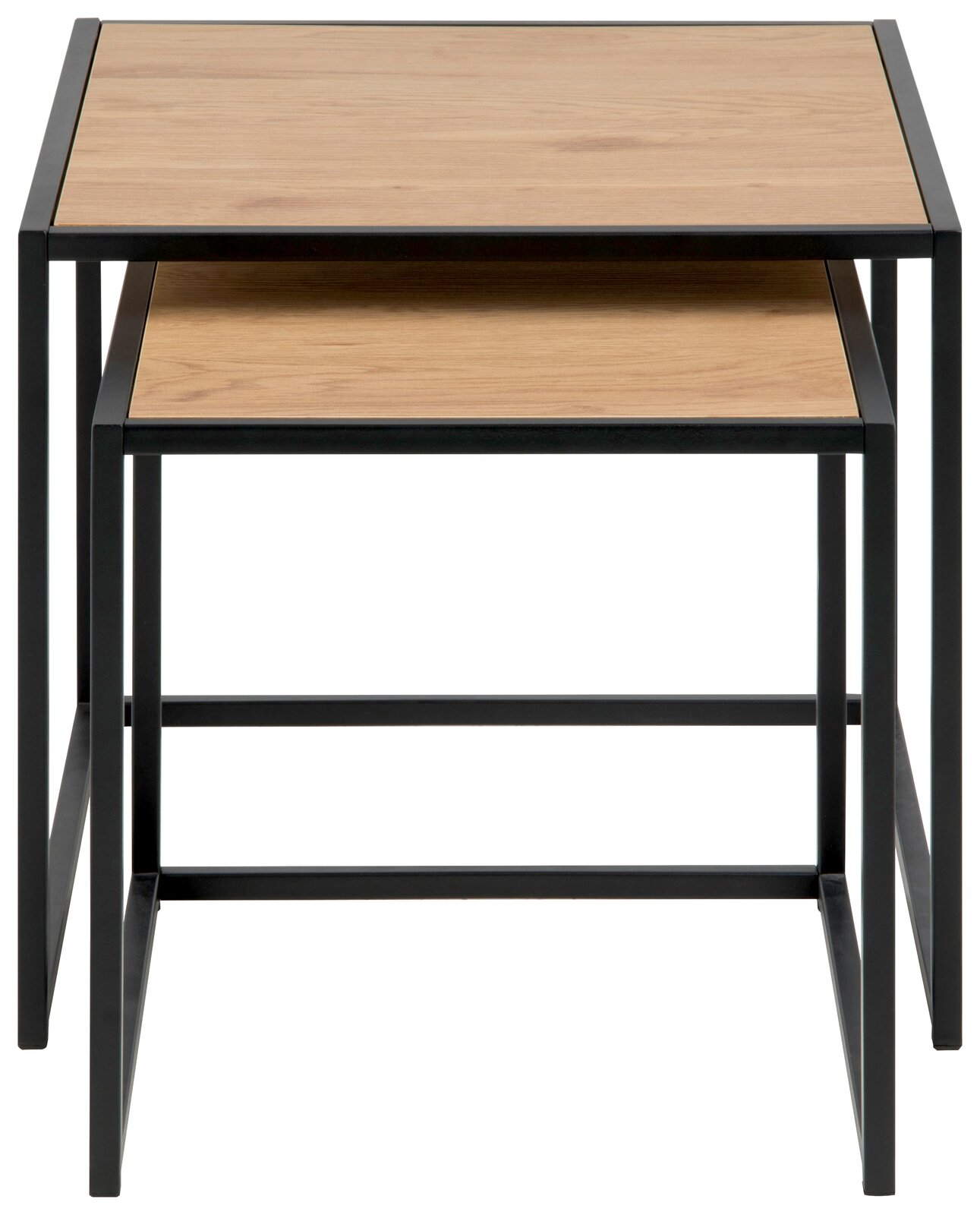 Z2 Beistelltisch 2er Satz SEAFORD Zwei Beistelltische im Set, übereinander gestapelt, mit Holzoberfläche und schwarzem Metallrahmen, Frontalansicht.