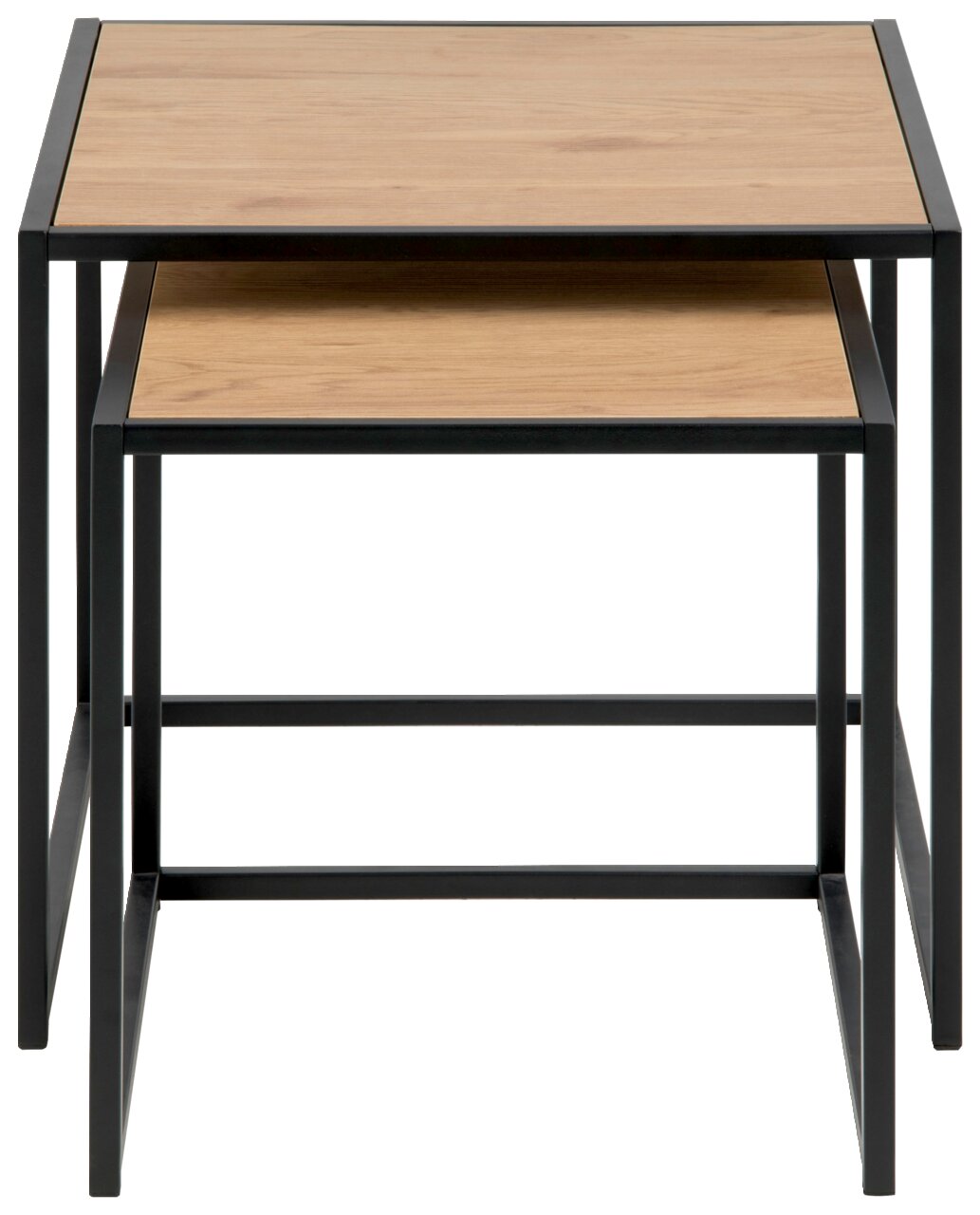 Z2 Beistelltisch 2er Satz SEAFORD Zwei Beistelltische im Set, übereinander gestapelt, mit Holzoberfläche und schwarzem Metallrahmen, Frontalansicht.