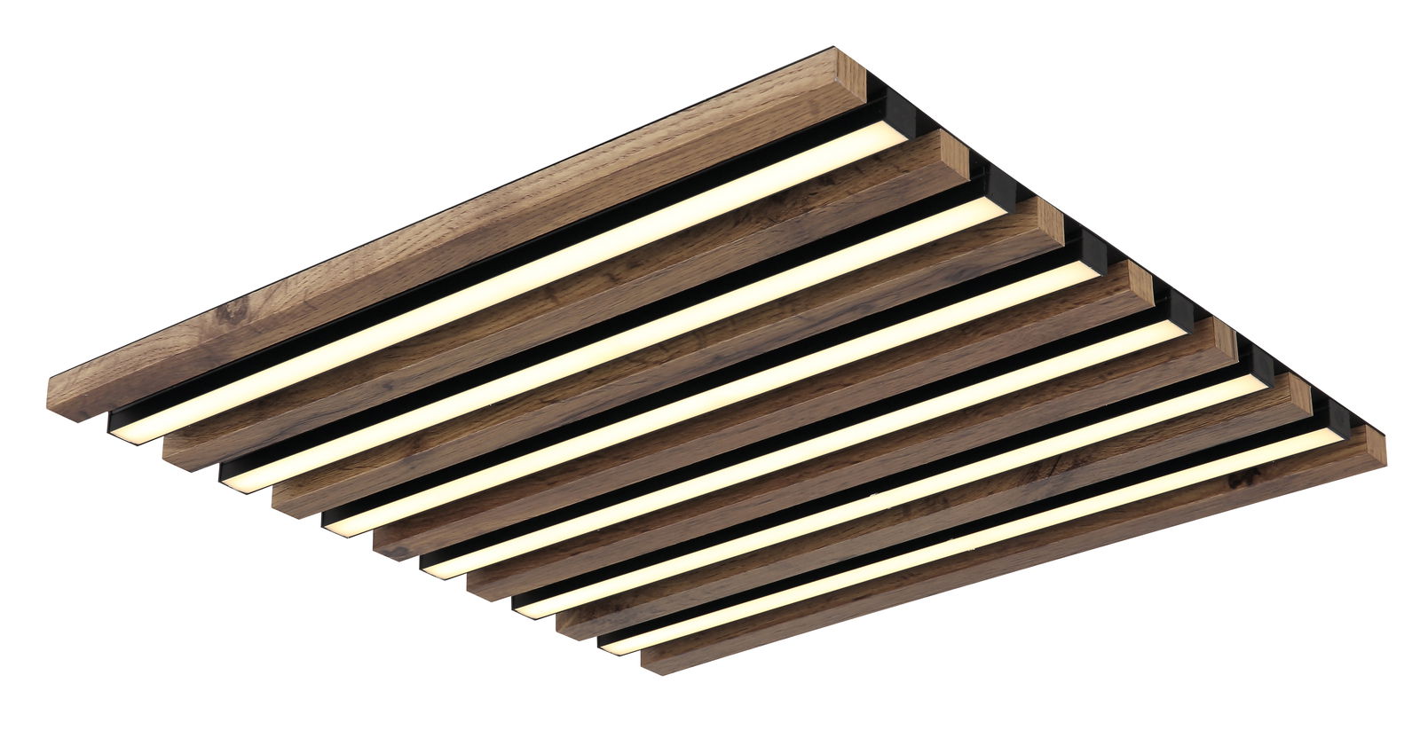 Globo Lighting Deckenleuchte HAYDEN Moderne Deckenleuchte HAYDEN mit Holzlamellen und LED-Streifen, seitliche Perspektive