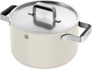 Topf aus Edelstahl mit Deckel, seitliche Perspektive