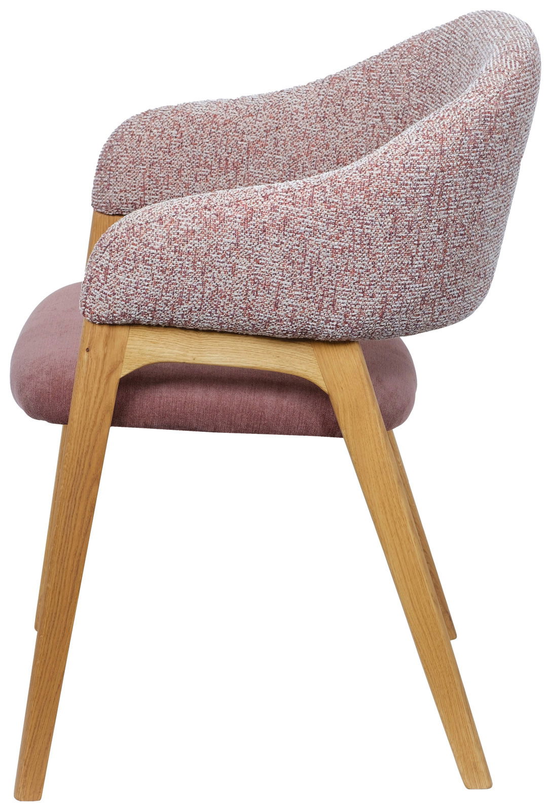 Seitenansicht eines modernen Armlehnstuhls mit rosa Polsterung und Holzbeinen.