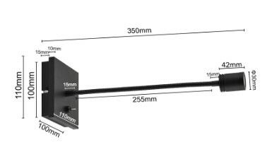 LED-Wandleuchte mit flexiblem Arm, seitliche Perspektive, Abmessungen: 350mm Gesamtlänge, 110mm Wandhalterung, 255mm Arm, 42mm Lampenkopf.