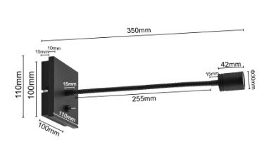 LED-Wandleuchte mit flexiblem Arm, seitliche Perspektive, Abmessungen: 350mm Gesamtlänge, 110mm Wandhalterung, 255mm Arm, 42mm Lampenkopf.
