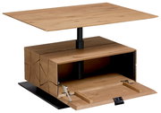 Moderner Couchtisch aus Holz mit verstellbarer Tischplatte und Stauraum, seitliche Perspektive