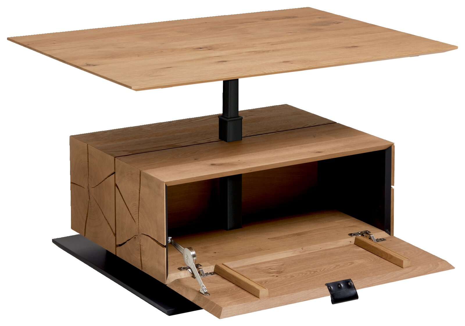 Moderner Couchtisch aus Holz mit verstellbarer Tischplatte und Stauraum, seitliche Perspektive