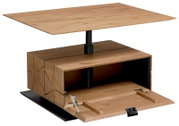 Moderner Couchtisch aus Holz mit verstellbarer Tischplatte und Stauraum, seitliche Perspektive