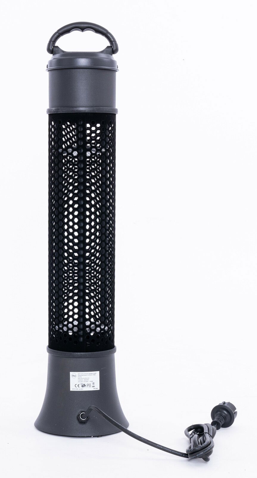 Infrarot-Standheizstrahler in schwarzer Farbe, frontal abgebildet mit einem Griff oben und einem Stromkabel unten.