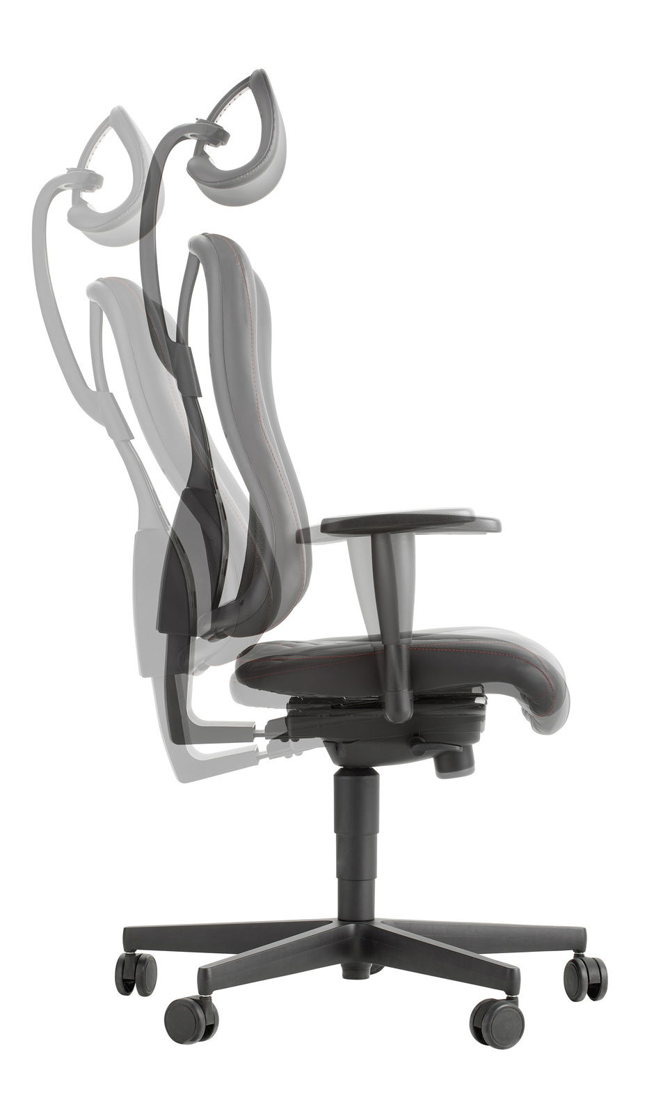 Seitenansicht eines verstellbaren Gaming-Stuhls mit ergonomischer Rückenlehne und Kopfstütze.