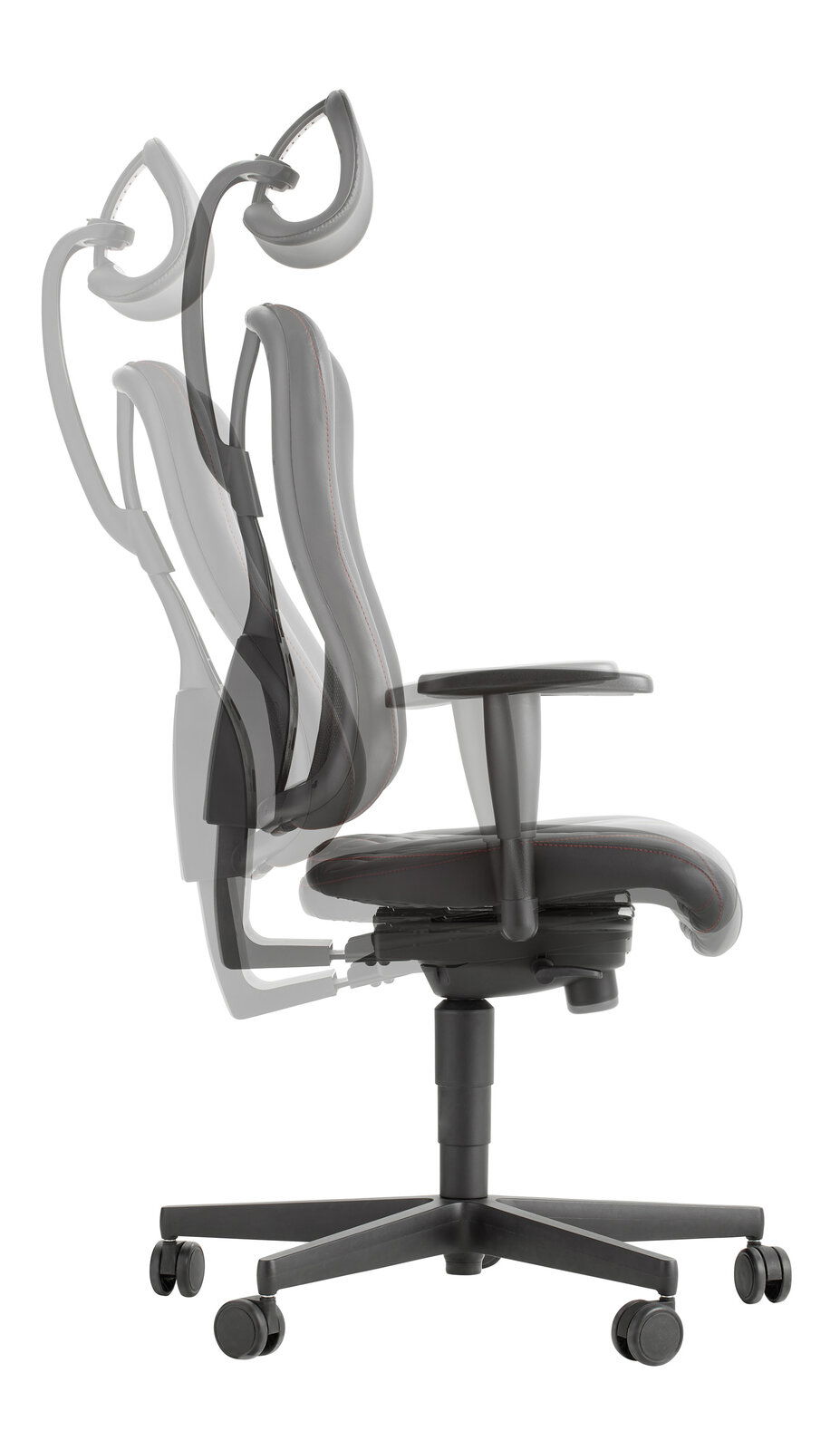 Seitenansicht eines verstellbaren Gaming-Stuhls mit ergonomischer Rückenlehne und Kopfstütze.