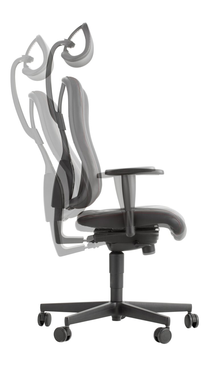 Seitenansicht eines verstellbaren Gaming-Stuhls mit ergonomischer Rückenlehne und Kopfstütze.