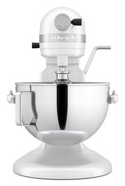 Weiße Küchenmaschine mit Edelstahl-Rührschüssel, Frontalansicht