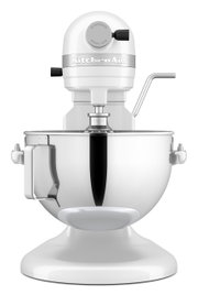 Weiße Küchenmaschine mit Edelstahl-Rührschüssel, Frontalansicht