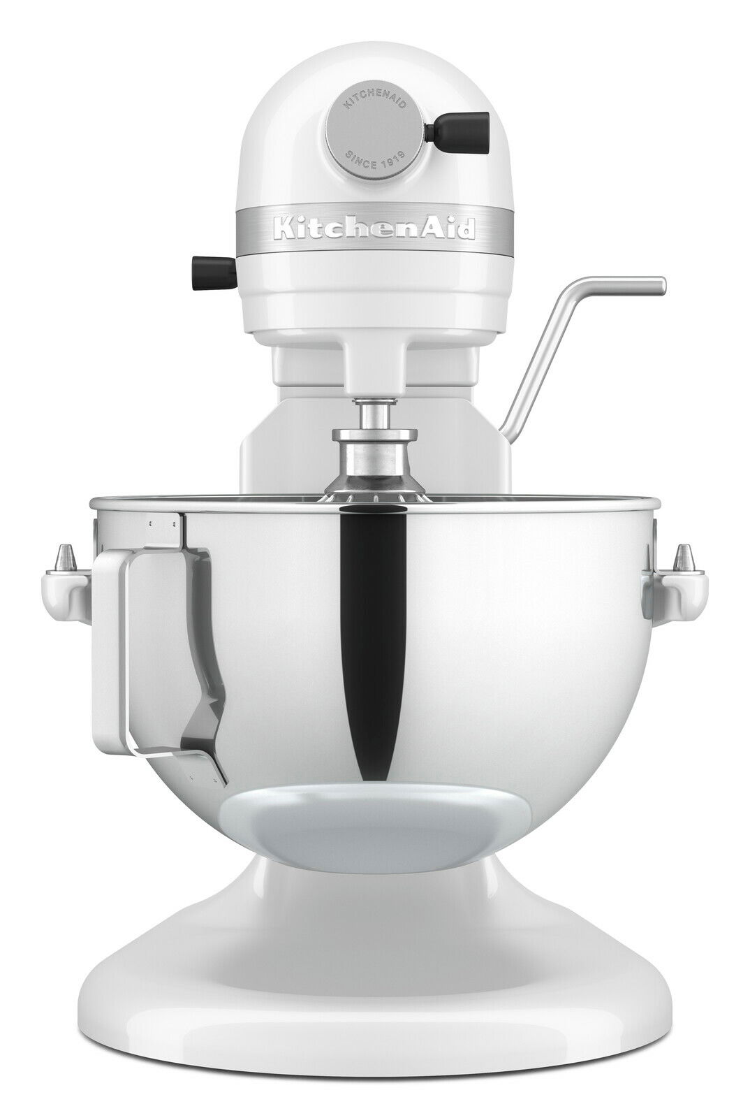 Weiße Küchenmaschine mit Edelstahl-Rührschüssel, Frontalansicht
