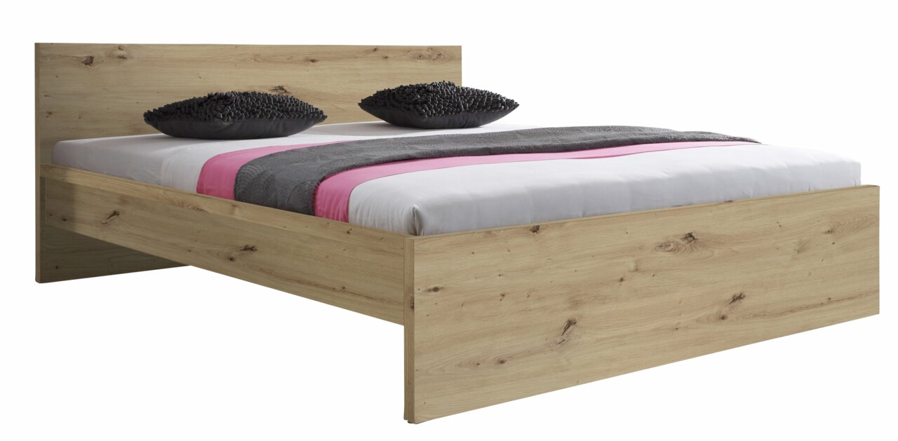 Holzbett mit Kopfteil, seitlicher Blickwinkel, graue und pinke Bettwäsche