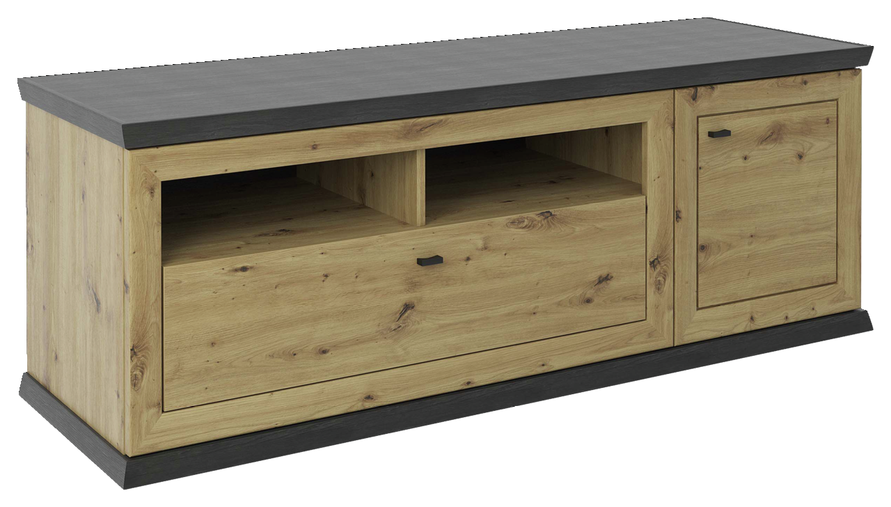 Hom´in TV-Lowboard BENTON TV-Lowboard aus Holz mit dunkler Oberseite, Schublade und Tür, seitliche Perspektive