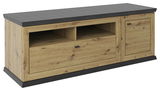 TV-Lowboard aus Holz mit dunkler Oberseite, Schublade und Tür, seitliche Perspektive